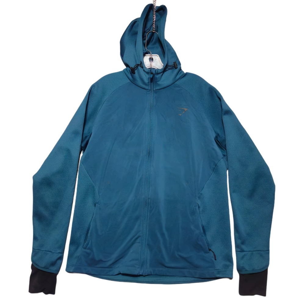 Gymshark Jacket Mens Large Teal Blue Softshell Hoodie Hooded Track Full Zip Gym